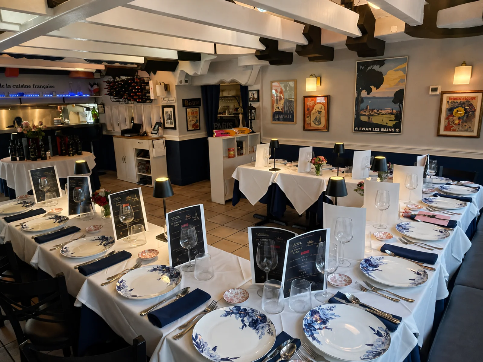 The dining room set as one long U-shaped table for a private dinner