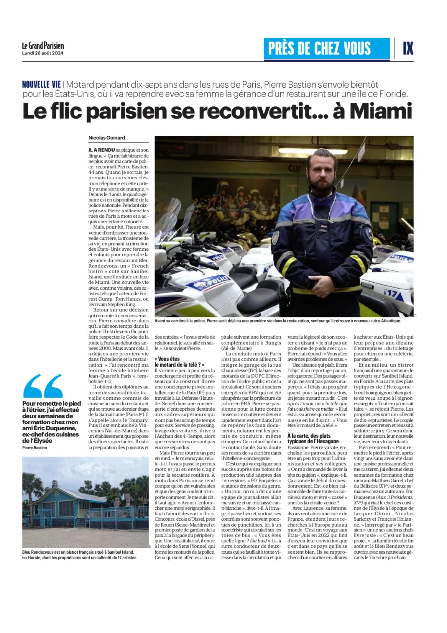 Le Grand Parisien article about Pierre Bastien’s new life in Florida