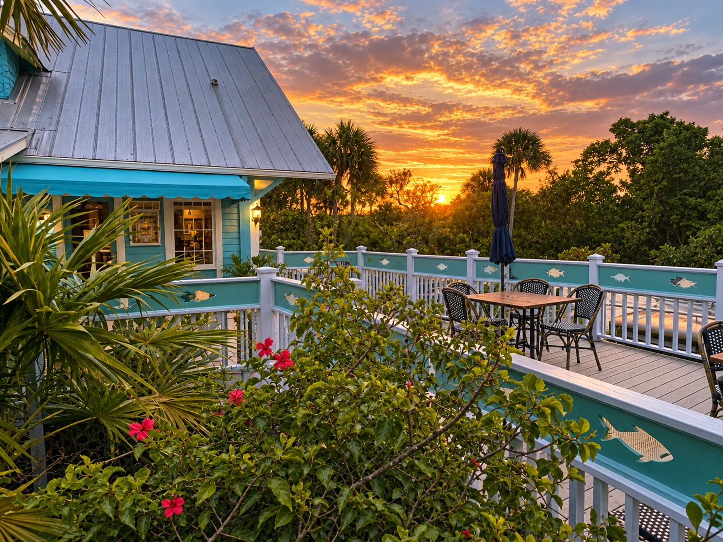 The terrace of Bleu RendezVous French Bistro at sunset